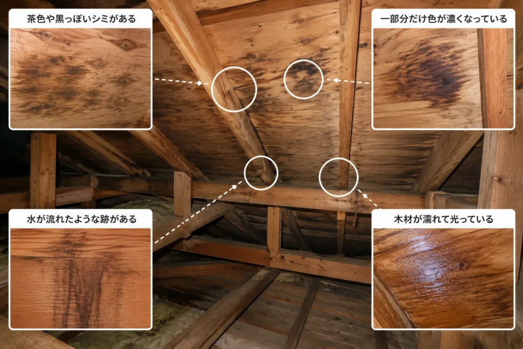 新しい雨染みや木材の変色