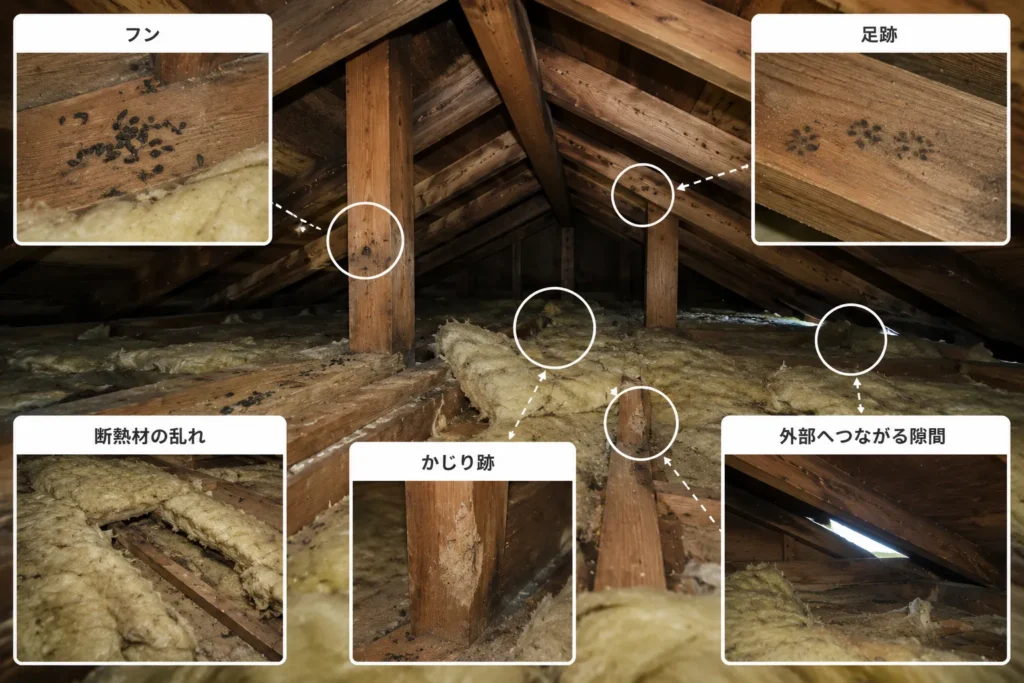 雨染みと一緒に害獣の痕跡が見つかることもある