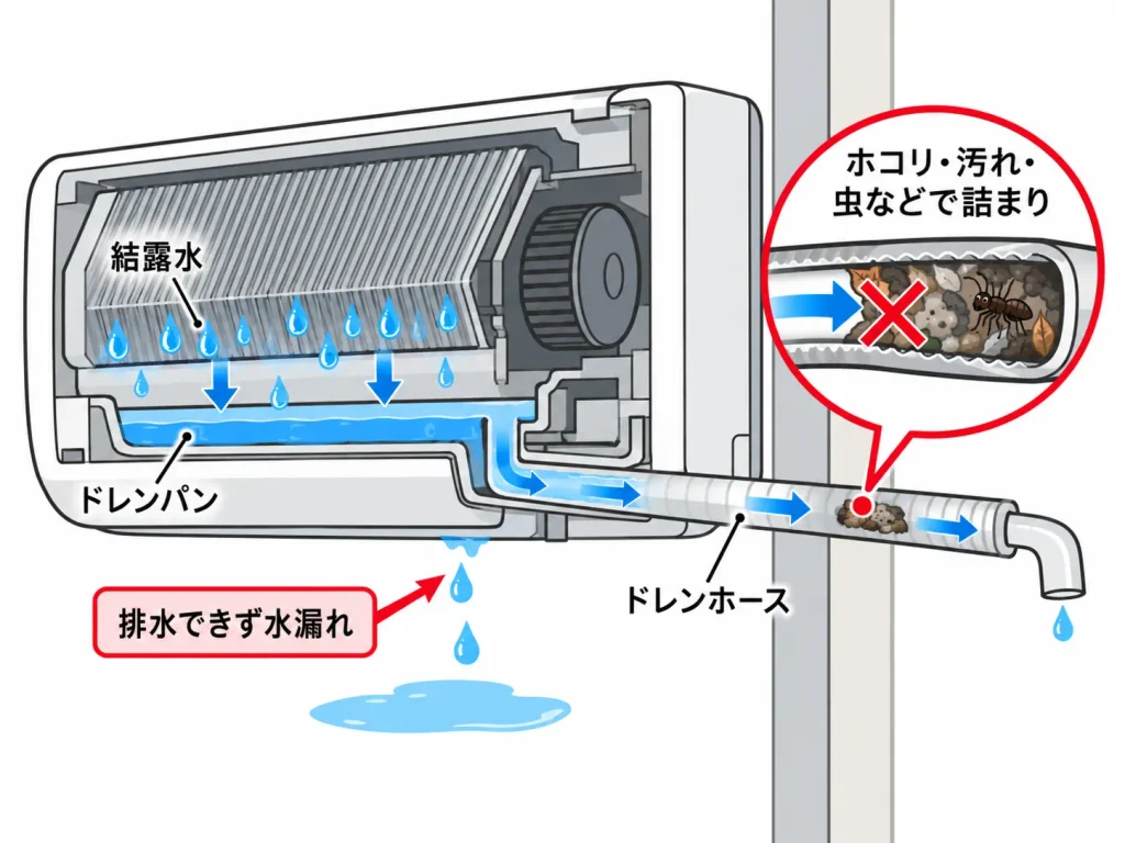 大雨の後にエアコンから水が垂れる主な原因・ドレンホースの詰まり