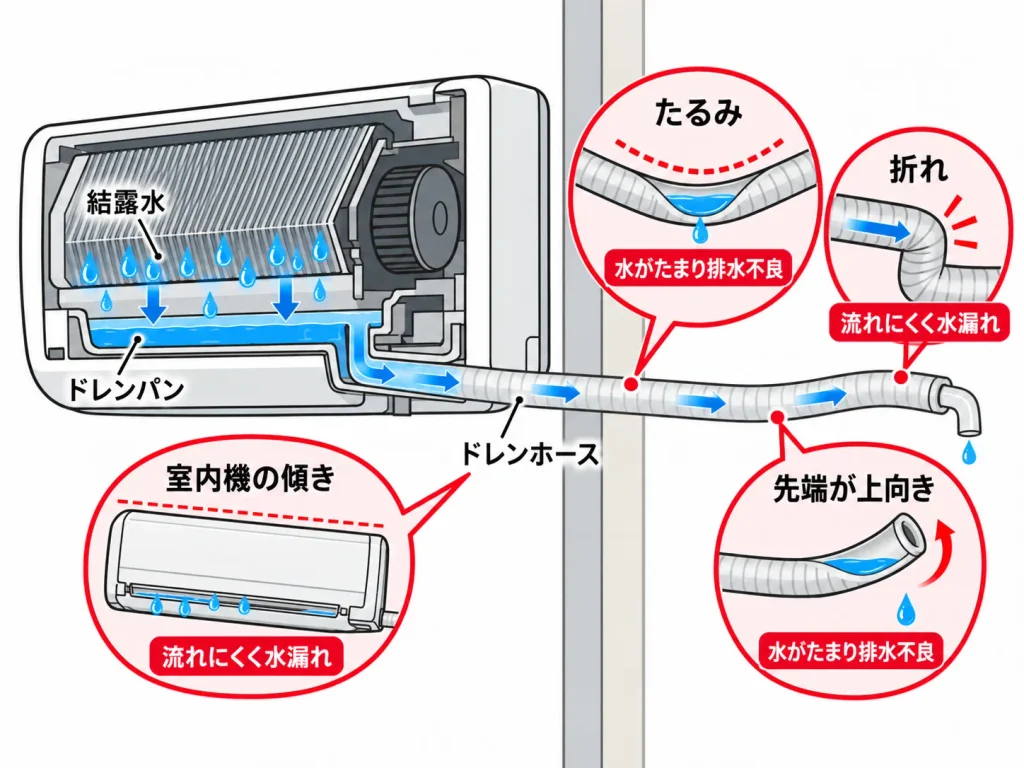 大雨の後にエアコンから水が垂れる主な原因・ドレンホースの勾配や設置状態に問題