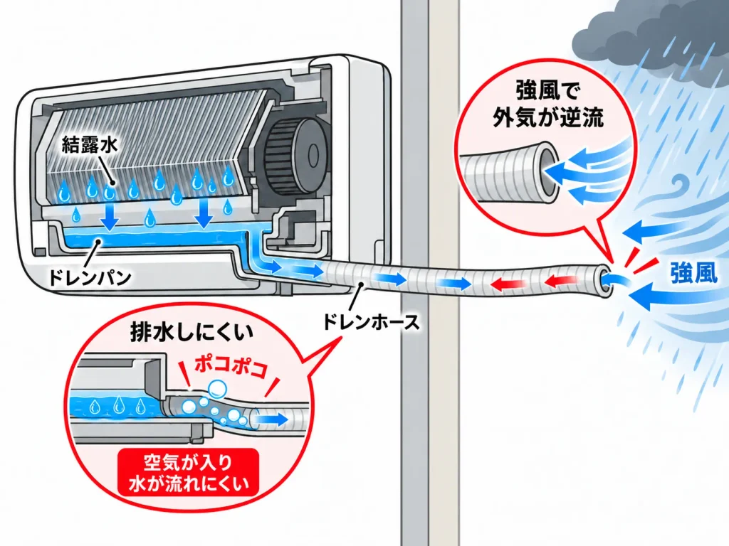 大雨の後にエアコンから水が垂れる主な原因・大雨・強風によってドレン排水が影響を受ける