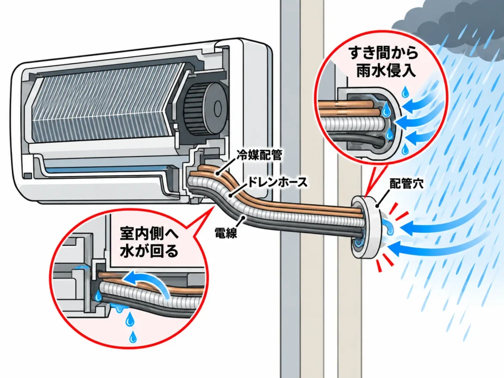 大雨の後にエアコンから水が垂れる主な原因・エアコンの配管穴から雨水が侵入
