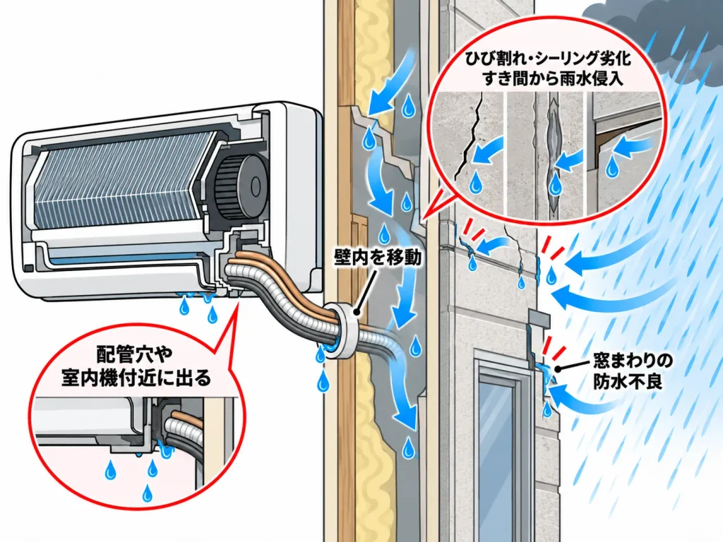 大雨の後にエアコンから水が垂れる主な原因・外壁そのものから雨水が侵入