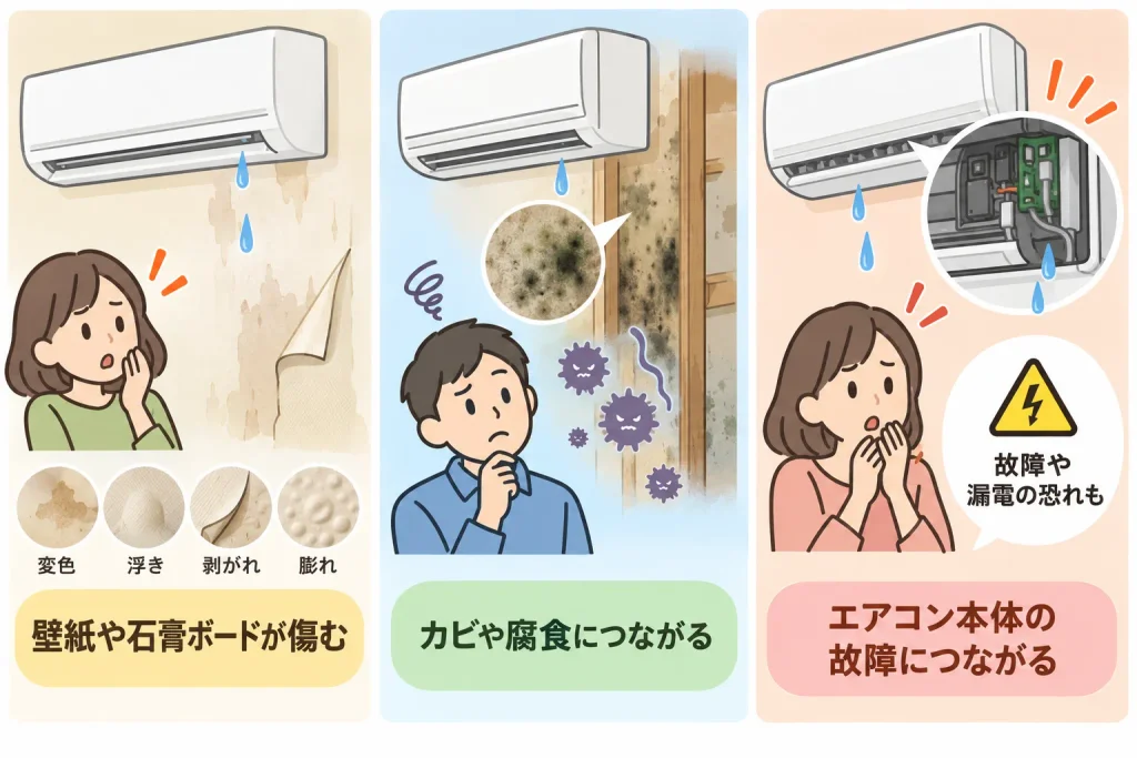 大雨後のエアコンの水漏れを放置する危険性３選・壁紙や石膏ボードが傷む・カビや腐食につながる・エアコン本体の故障につながる