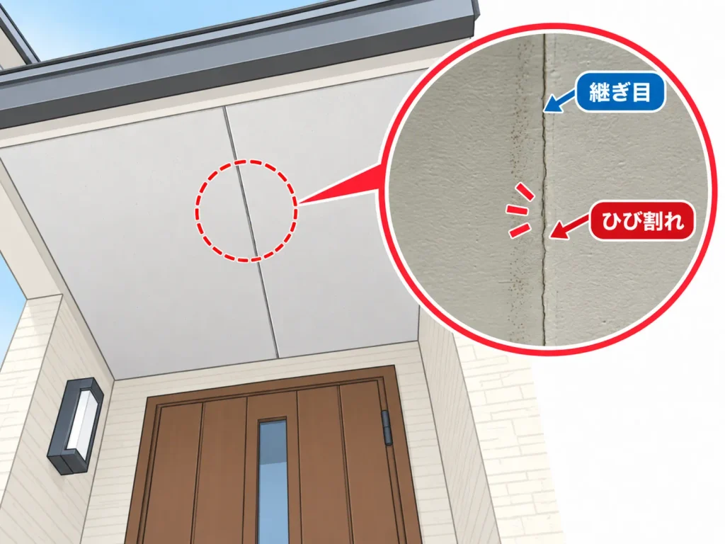 玄関前の軒天にひび割れができる主な原因・軒天材の継ぎ目が割れている