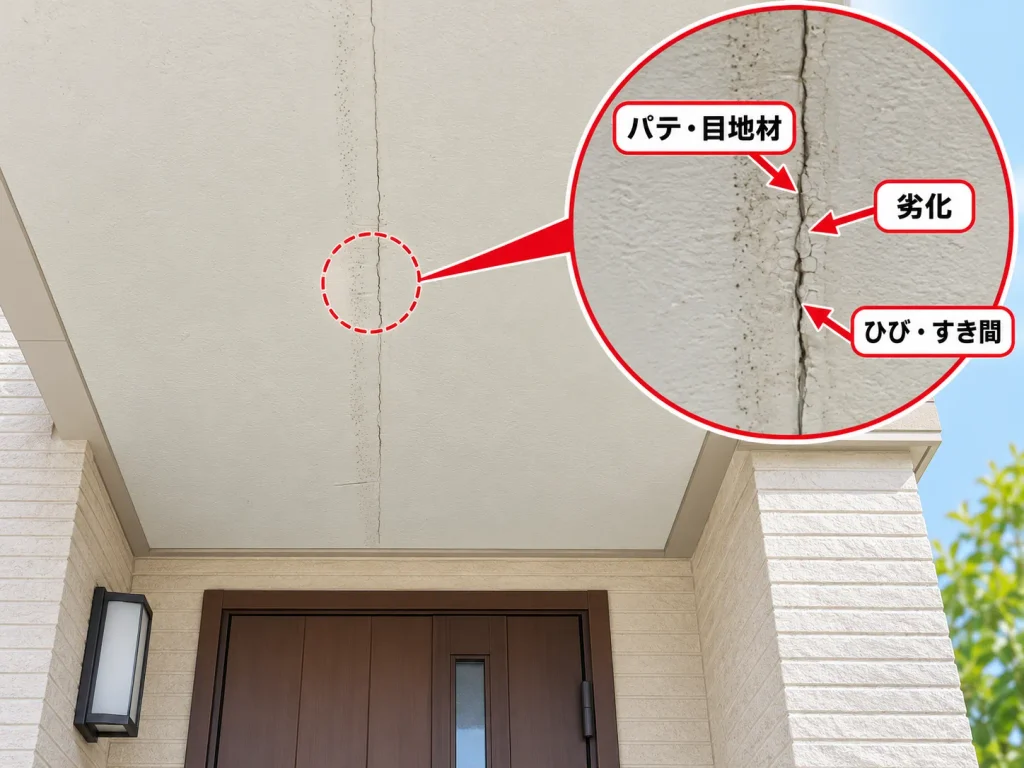 玄関前の軒天にひび割れができる主な原因・パテや目地材が劣化している