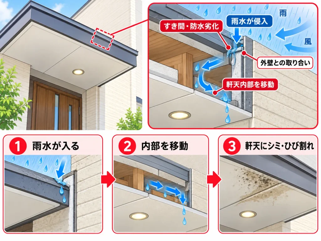 玄関前の軒天にひび割れができる主な原因・庇や外壁から雨水が入っている