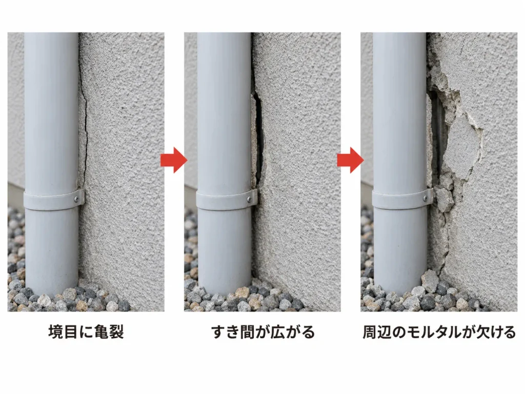 配管まわりの隙間や取り合い部分が弱くなる流れ