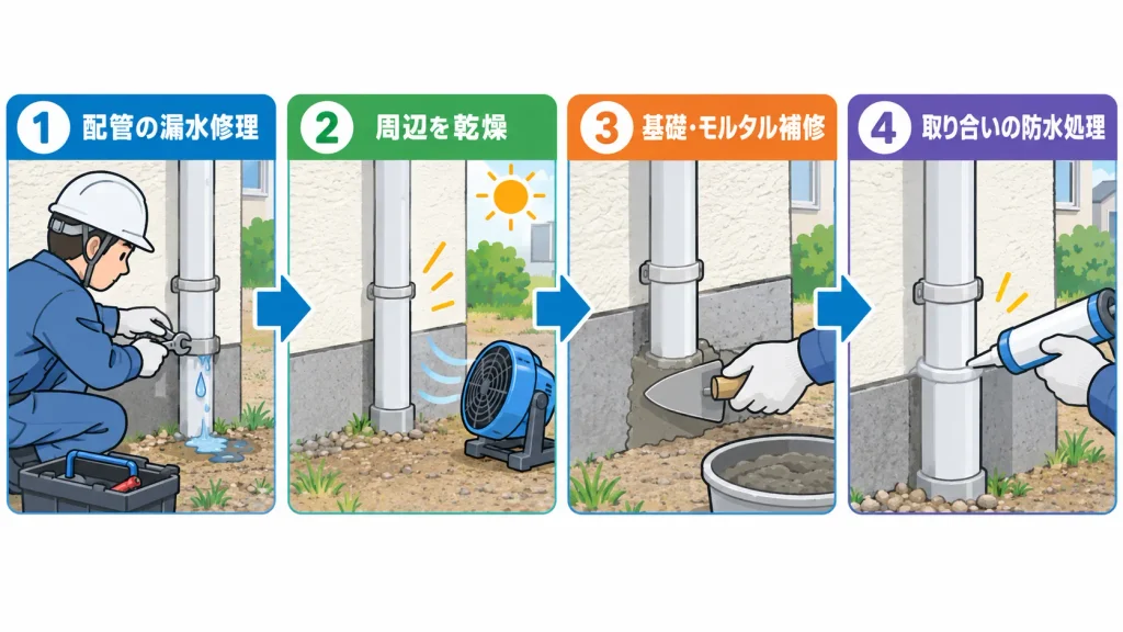 配管の漏水修理
↓
周辺を乾燥
↓
基礎・モルタル補修
↓
取り合いの防水処理