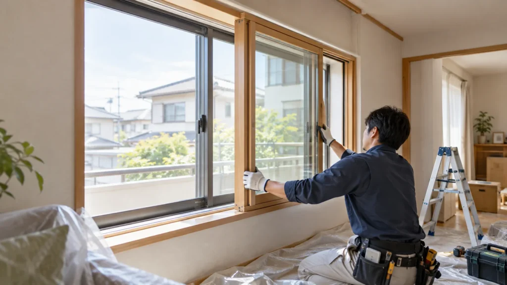 既存の窓を残したまま、室内側に新しい内窓を取り付ける作業員の様子
