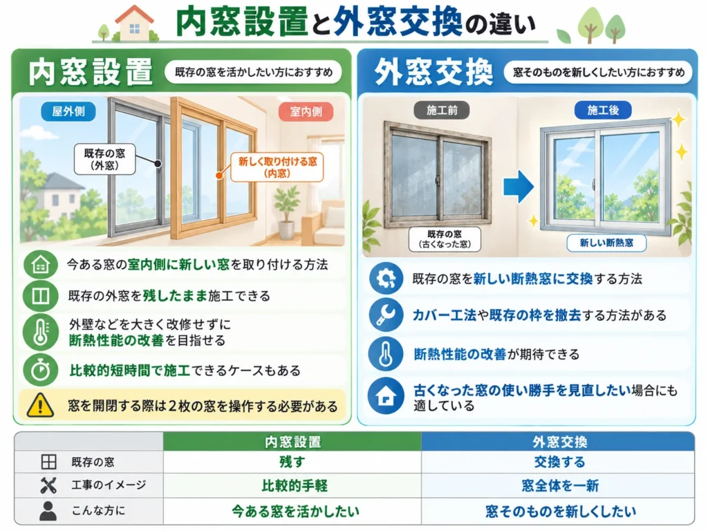 内窓設置と外窓交換の違いを、施工方法・断熱性能・メリット・注意点で比較した図解