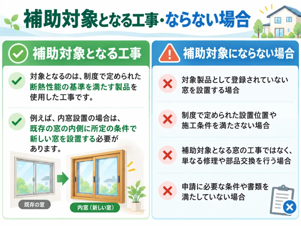 窓リフォームの補助対象となる工事の条件と、対象外になるケースを比較した図解