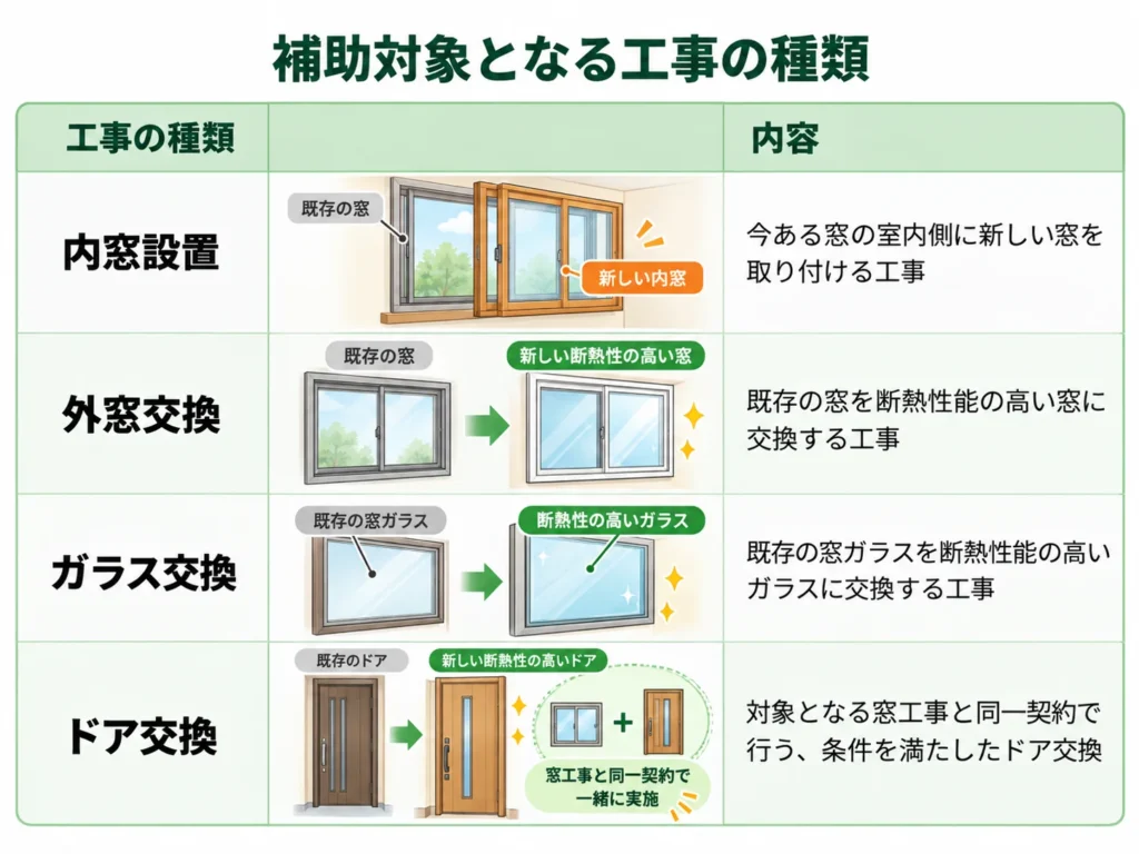 先進的窓リノベ2026の補助対象となる内窓設置・外窓交換・ガラス交換・ドア交換の4種類を比較した図解