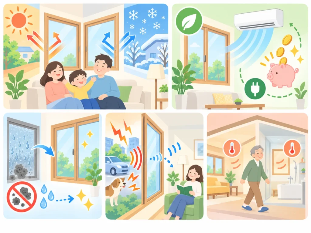 窓リフォームによる断熱・省エネ・結露対策・防音・室内温度差の軽減という5つのメリットを紹介したイラスト