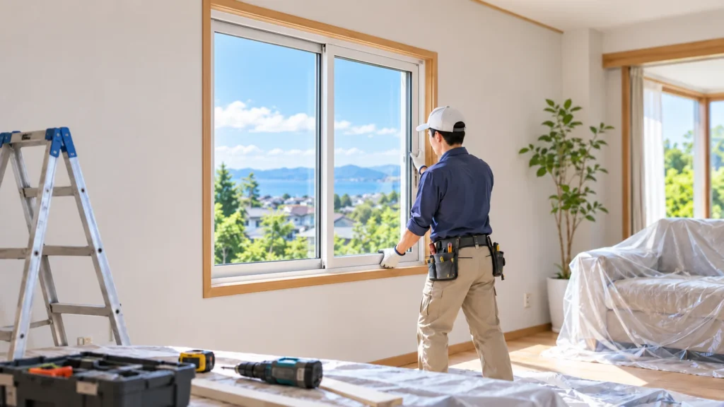 住宅の室内で作業員が窓サッシの取り付け作業を行っている様子