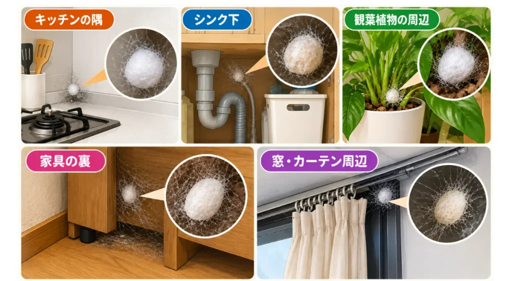 クモの卵嚢が家の中で見つかりやすい場所